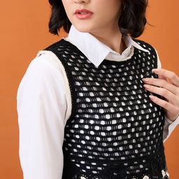 Globus Women Black Round Neck Floral Embroidered Crochet Crop Vest Top-image-43