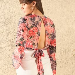 SASSAFRAS Peach Floral Printed Bell Sleeve Styled Back Top-image-34