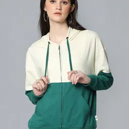 Flying Machine Women Off-White & Teal Green Colourblocked Hooded Front-Open Sweatshirt-picture-16