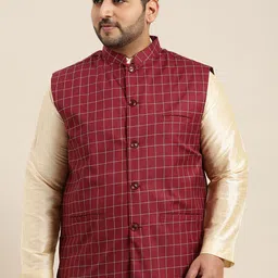 SOJANYA PLUS Men Plus Size Maroon & Blue Checked Nehru Jacket-picture-46