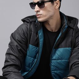 Roadster Men Blue & Black Detachable Hood Colourblocked Padded Jacket-image-67