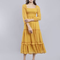 ANVI Be Yourself Self Design Puff Sleeves Tiered Smocking Fit & Flare Midi Dress-image-33