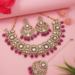 I Jewels Gold-Plated Kundan Studded & Beads Beaded Necklace With Earrings & Maang Tika-26