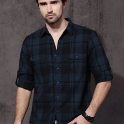Roadster Time Travlr Men Black & Navy Blue Slim Fit Checked Sustainable Casual Shirt-picture-3