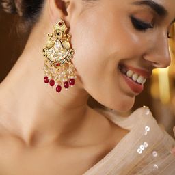 Rubans 22K Gold-Plated White Kundan Studded Chandbali Earrings with Pearl & Ruby Red Beads-27