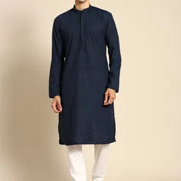RAJUBHAI HARGOVINDAS Men Navy Blue Cotton Embroidered Chikankari Kurta-image-95