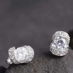 Carlton London Silver-Toned Rhodium-Plated CZ-Studded Contemporary Studs-1