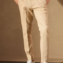 DENNISON Men Cream-Coloured Self Design Smart Tapered Fit Easy Wash Trousers-image-10