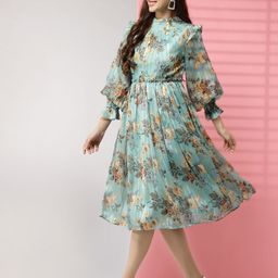 KASSUALLY Turquoise Blue & Beige FloralPrinted Fit and Flare Dress-image-56