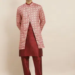 SOJANYA Men Maroon Solid Kurta with Churidar & Printed Jacket-picture-29