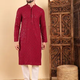 Ethnic Bay Geometric Embroidered Sequinned Cherry Red Kurta-image-88