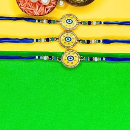 ORANGENYSHA Set Of 3 American Diamond Studded & Beaded Meenakari Evil Eye Rakhis-image-11