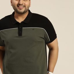 Sztori Men Plus Size Olive Green & Black Colourblocked Polo Collar Pure Cotton T-shirt-image-95