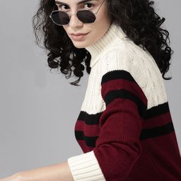 Roadster Women Maroon & White Cable Knit Colourblocked Pullover-image-60
