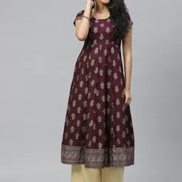 Poshak Hub Women Purple & Golden Ethnic Motifs Printed Pure Cotton Kurta-picture-39