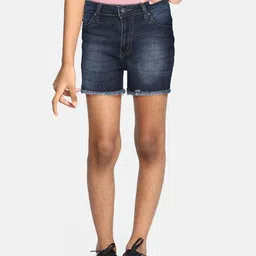 UTH by Roadster Girls Navy Blue Solid Regular Fit Mid-Rise Denim Shorts-image-55