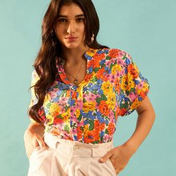 Berrylush White Floral Print Mandarin Collar Extended Sleeve Shirt Style Top-image-69
