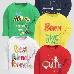 KUCHIPOO Kids Red & Green Pack Of 5 Typography Printed T-shirt-49