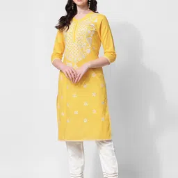 KALINI Women Yellow Ethnic Motifs Embroidered Thread Work Pure Cotton Kurta with Trousers-picture-12