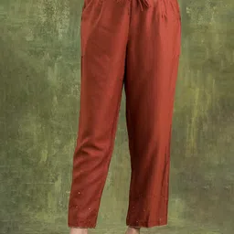 W The Folksong Collection Women Rust Mid-Rise Cropped Trousers-picture-54
