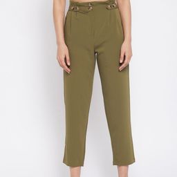 WineRed Women Olive Green High-Rise Easy Wash Pleated Trousers-image-99