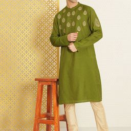 House of Pataudi Men Green & Gold-Toned Striped Thread Work Jashn Kurta-55