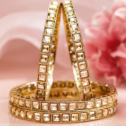 Rubans Set of 4 18K Gold-Plated Square-Cut White Kundan Studded Traditional Bangles-4