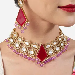 Zaveri Pearls Gold-Plated Austrian Diamond-Stone Studded & Beaded Jewellery Set-image-1