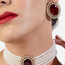 Zaveri Pearls Gold-Plated Austrian Diamond-Stone Studded & Beaded Jewellery Set-11
