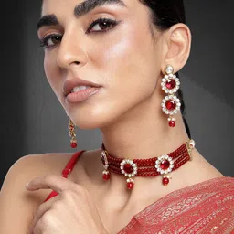 Peora Maroon Traditional Gold-Plated Stone Beads Studded Choker Necklace Jewellery Set-picture-35