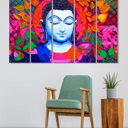 999Store Set of 5 Orange & Blue Printed Meditating Buddha Framed Wall Art-9