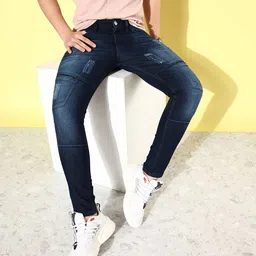 CS LIFE Men Slim Fit Mildly Distressed Light Fade Stretchable Jeans-image-53
