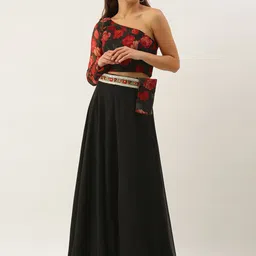 Ethnovog Black  Red Digital Printed Thread Work Made to Measure Fusion Lehenga Choli-24