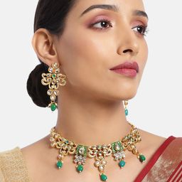 ASMITTA JEWELLERY Women Gold-Toned & Green Kundan Beaded Choker Necklace Set-image-20