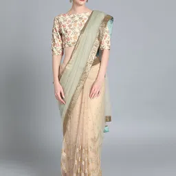 Ethnovog Beige Embellished Net Saree With Stitched Blouse-43