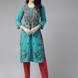ADA Women Blue & Maroon Cotton Sustainable Ethnic Motifs Hand Embroidered Chikankari Handloom Kurta-9