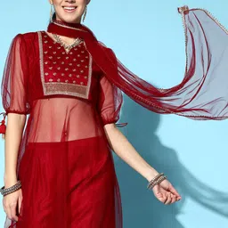 Indo Era Red Liva Sheer Kurta Set-image-37