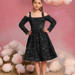 DP FABRICS Sakshi Girls Embellished Sequinned Velvet Fit & Flare Dress-image-51