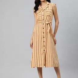 Cottinfab Striped Lapel Collar Shirt Midi Dress-image-98