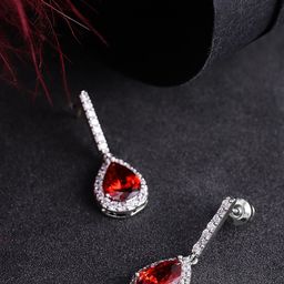 Carlton London Silver-Toned & Red Rhodium-Plated Teardrop Shaped CZ Studded Drop Earrings-11