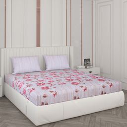 Monte Carlo White & Pink Floral 104 TC Cotton King Bedsheet with 2 Pillow Covers-56
