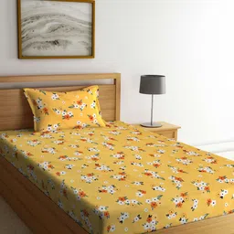 KLOTTHE Yellow & White Floral 300 TC Fitted Single Bedsheet with 1 Pillow Cover-image-49