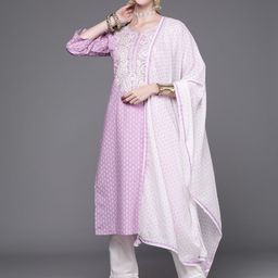 KSUT Women Lavender & White Printed Thread Work Pure Cotton Kurta with Trousers & Dupatta-image-26