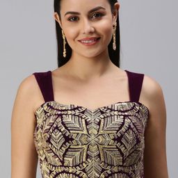 flaher Burgundy & Beige Embroidered Velvet Padded Readymade Saree Blouse-image-16