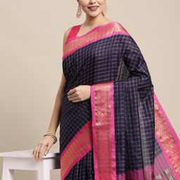 KALINI Navy Blue & Pink Checked Zari Silk Cotton Saree-image-70