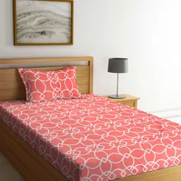 KLOTTHE Peach-Coloured & White Geometric 300 TC Single Bedsheet with 1 Pillow Covers-5