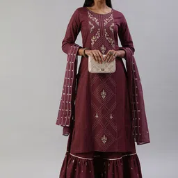 SheWill Women Burgundy & Yellow Floral Cotton Embroidered Kurta with Sharara & Dupatta-picture-45