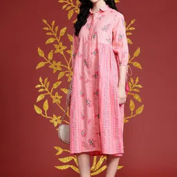 Anouk Floral Print Pleated Tasseled Shirt Collar Pure Cotton Ethnic Dress-image-70