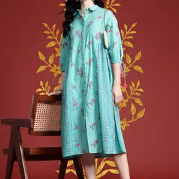 Anouk Floral Print Pleated Tasseled Shirt Collar Pure Cotton Ethnic Dress-picture-45