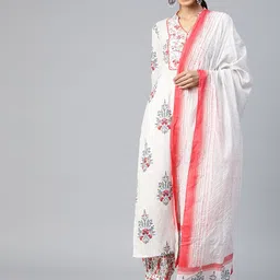 AHIKA Women Off White & Red Ethnic Motifs Printed Pure Cotton Kurta with Salwar & Dupatta-image-80